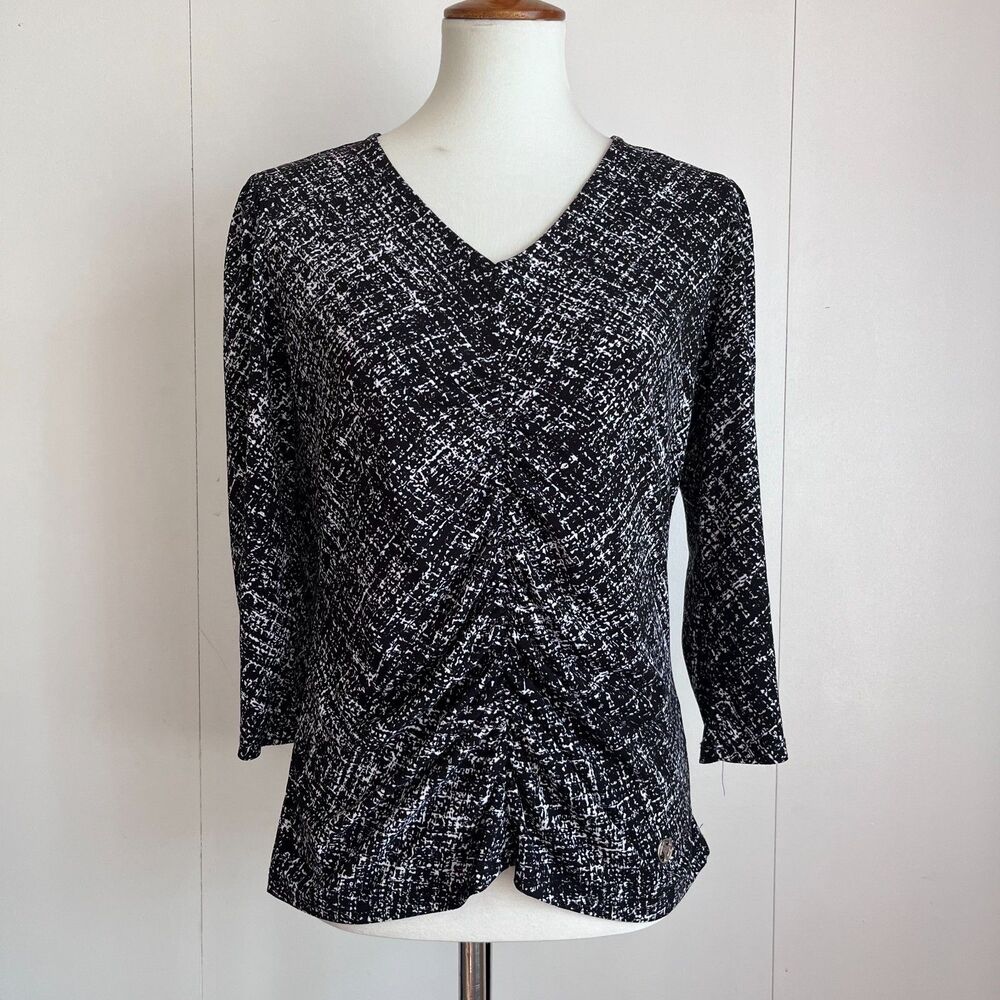 Adrienne Vittadini Top Womens Small Black White Ruched Front Stretch 3/4 Sleeve